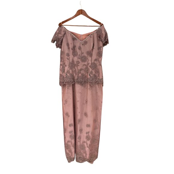 Pink Off-Shoulder Beaded Floral Embroidered Dress Formal Gown With Scalloped Hem - Picture 1 of 13